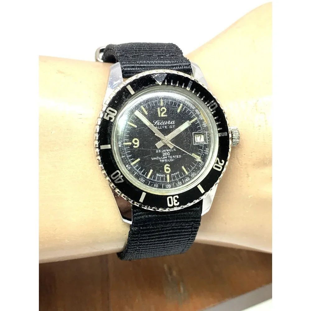 Sicura Rallye GT Men's Watch Vintage Swiss Manual Wind Black Dial 38mm Nylon